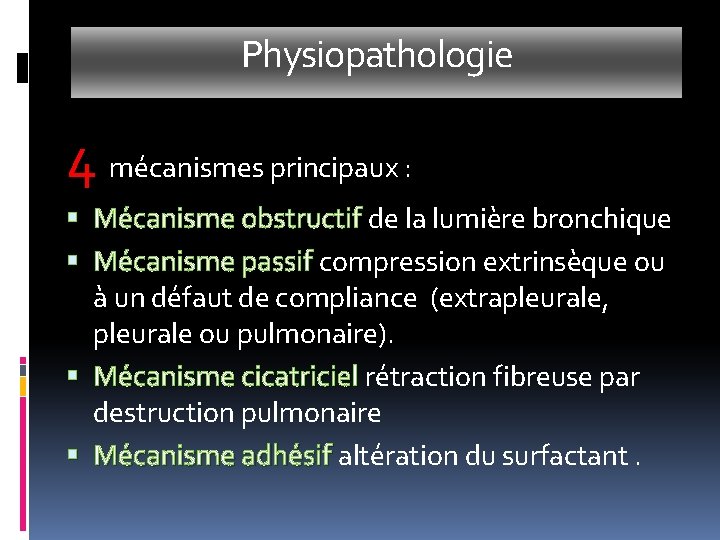 Physiopathologie 4 mécanismes principaux : Mécanisme obstructif de la lumière bronchique Mécanisme obstructif Mécanisme