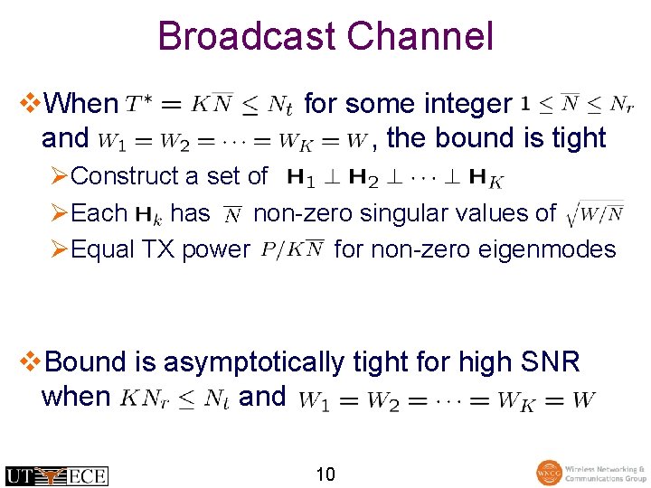 Broadcast Channel v. When and for some integer , the bound is tight ØConstruct