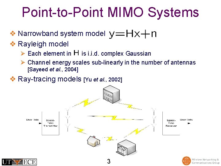 Point-to-Point MIMO Systems v Narrowband system model v Rayleigh model Ø Each element in