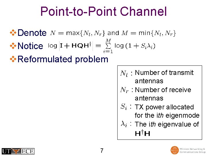 Point-to-Point Channel v. Denote v. Notice v. Reformulated problem Number of transmit antennas Number