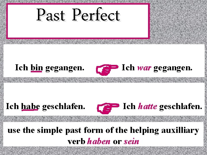 Past Perfect Ich bin gegangen. Ich habe geschlafen. F F Ich war gegangen. Ich