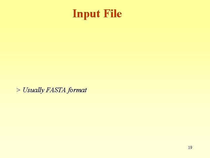 Input File > Usually FASTA format 19 Input File > Usually FASTA format 19