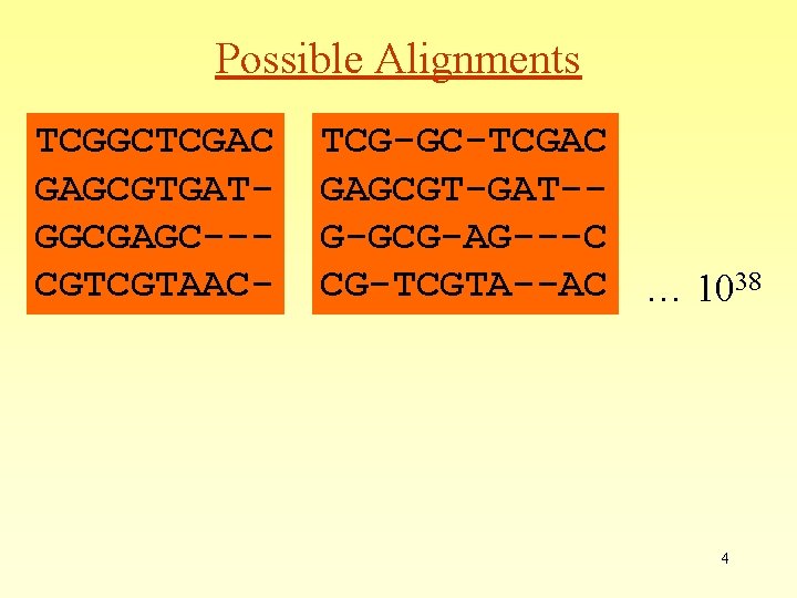 Possible Alignments TCGGCTCGAC GAGCGTGATGGCGAGC--CGTCGTAAC- TCG-GC-TCGAC GAGCGT-GAT-G-GCG-AG---C CG-TCGTA--AC … 1038 4 Possible Alignments TCGGCTCGAC GAGCGTGATGGCGAGC--CGTCGTAAC- TCG-GC-TCGAC GAGCGT-GAT-G-GCG-AG---C CG-TCGTA--AC … 1038 4