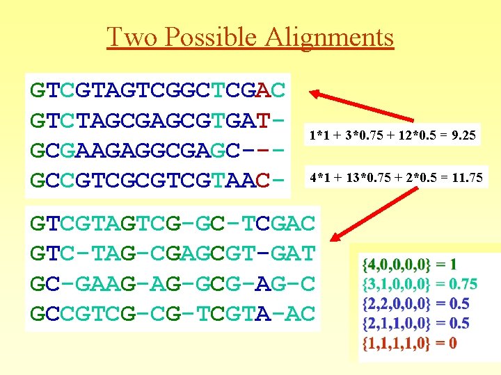 Two Possible Alignments GTCGTAGTCGGCTCGAC GTCTAGCGTGATGCGAAGAGGCGAGC--GCCGTCGTAAC- 1*1 + 3*0. 75 + 12*0. 5 = 9. Two Possible Alignments GTCGTAGTCGGCTCGAC GTCTAGCGTGATGCGAAGAGGCGAGC--GCCGTCGTAAC- 1*1 + 3*0. 75 + 12*0. 5 = 9.