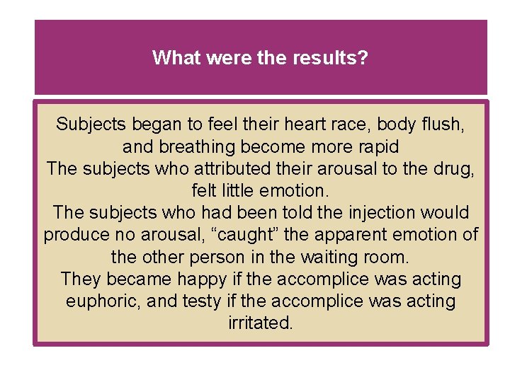 What were the results? Subjects began to feel their heart race, body flush, and