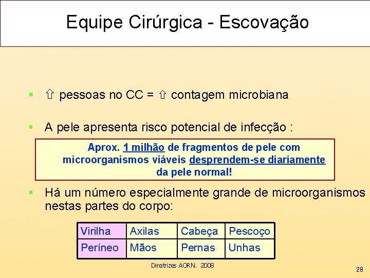 Equipe Cirúrgica - Escovação § pessoas no CC = contagem microbiana § A pele