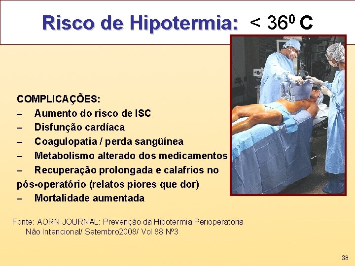 Risco de Hipotermia: < 360 C COMPLICAÇÕES: – Aumento do risco de ISC –