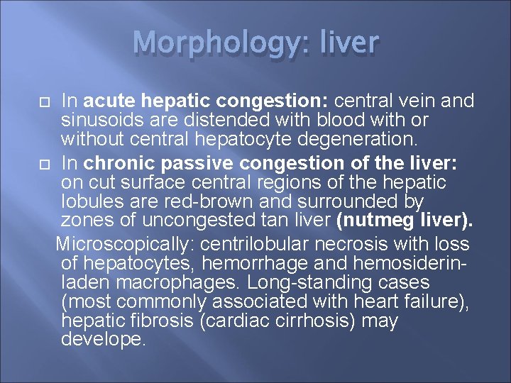 Morphology: liver In acute hepatic congestion: central vein and sinusoids are distended with blood