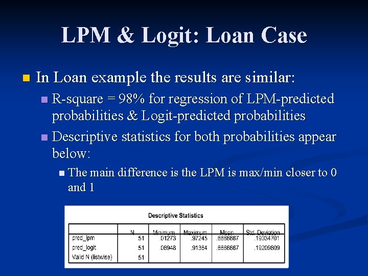 LPM & Logit: Loan Case n In Loan example the results are similar: R-square