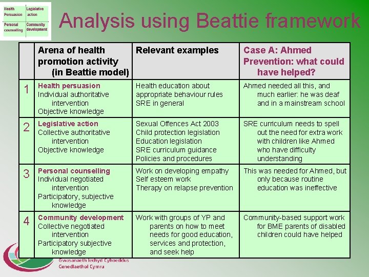 Analysis using Beattie framework Arena of health Relevant examples promotion activity (in Beattie model)