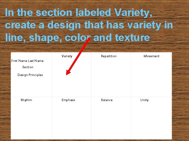 In the section labeled Variety, create a design that has variety in line, shape,