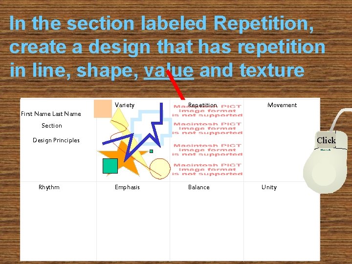 In the section labeled Repetition, create a design that has repetition in line, shape,