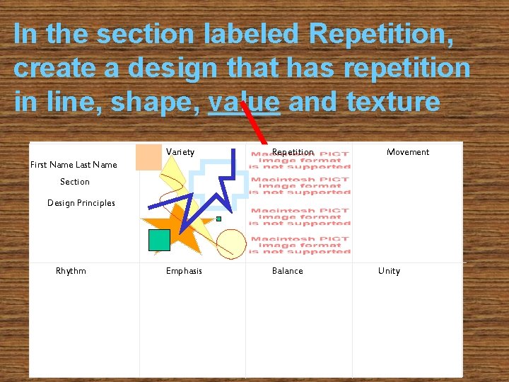 In the section labeled Repetition, create a design that has repetition in line, shape,