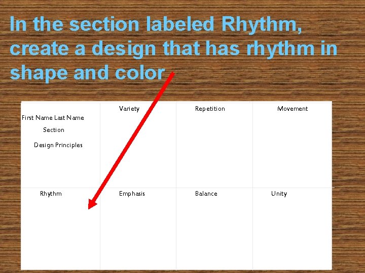 In the section labeled Rhythm, create a design that has rhythm in shape and