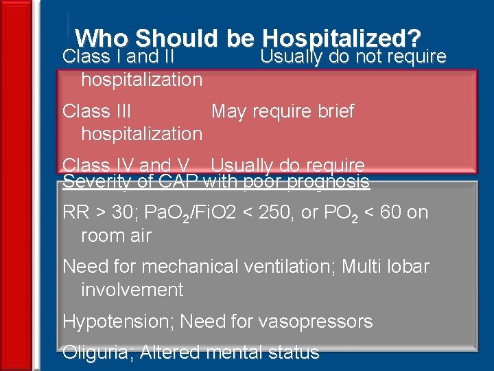 Who Should be Hospitalized? Class I and II hospitalization Usually do not require Class