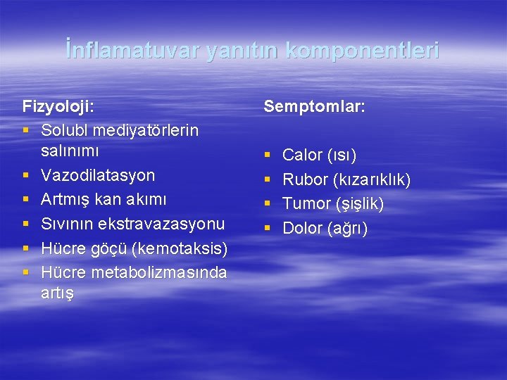 İnflamatuvar yanıtın komponentleri Fizyoloji: § Solubl mediyatörlerin salınımı § Vazodilatasyon § Artmış kan akımı