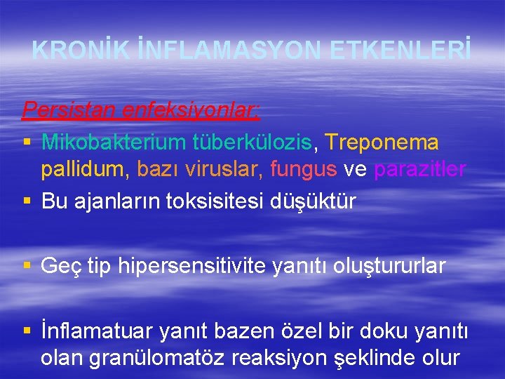 KRONİK İNFLAMASYON ETKENLERİ Persistan enfeksiyonlar: § Mikobakterium tüberkülozis, Treponema pallidum, bazı viruslar, fungus ve