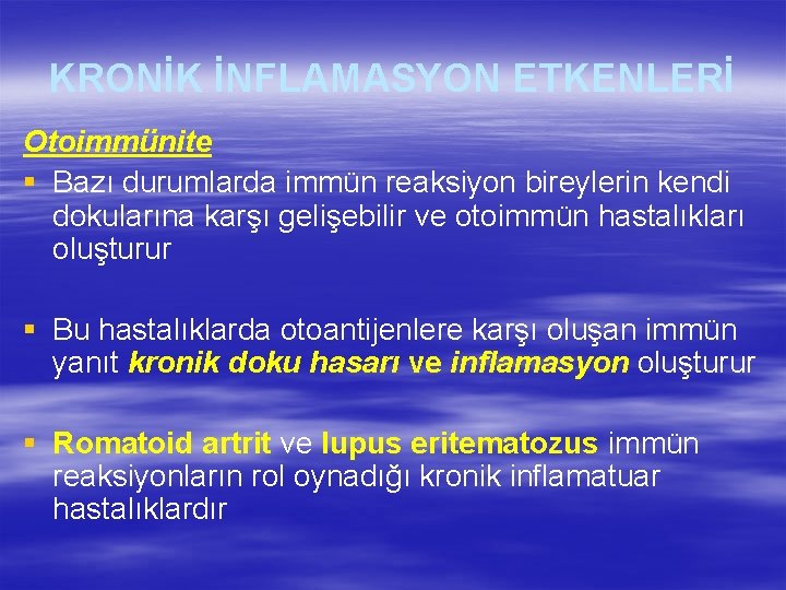 KRONİK İNFLAMASYON ETKENLERİ Otoimmünite § Bazı durumlarda immün reaksiyon bireylerin kendi dokularına karşı gelişebilir