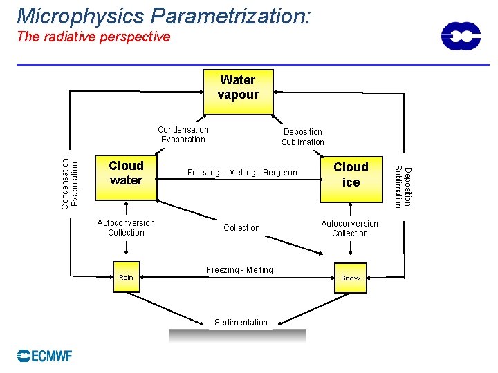 Microphysics Parametrization: The radiative perspective Water vapour Deposition Sublimation Cloud water Freezing – Melting