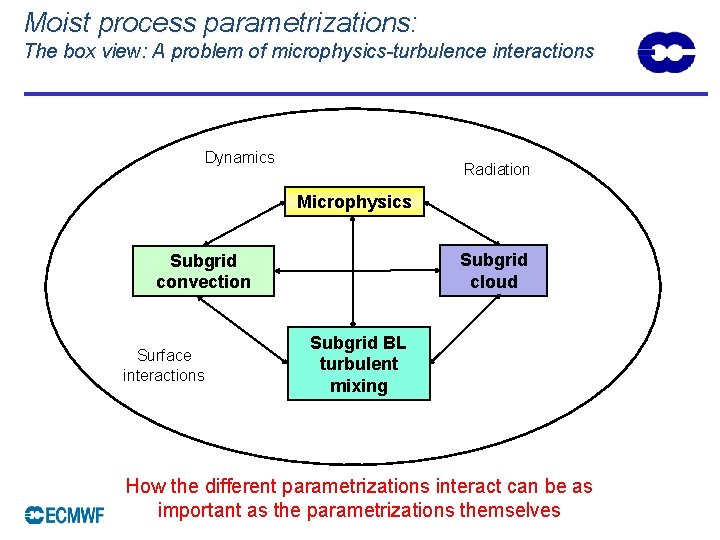 Moist process parametrizations: The box view: A problem of microphysics-turbulence interactions Dynamics Radiation Microphysics