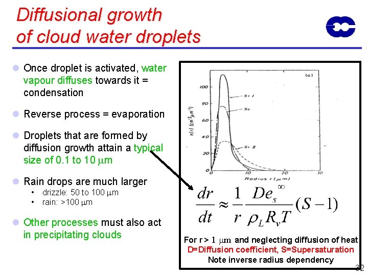 Diffusional growth of cloud water droplets l Once droplet is activated, water vapour diffuses