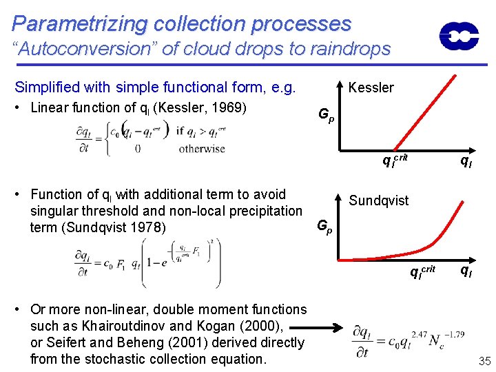 Parametrizing collection processes “Autoconversion” of cloud drops to raindrops Simplified with simple functional form,