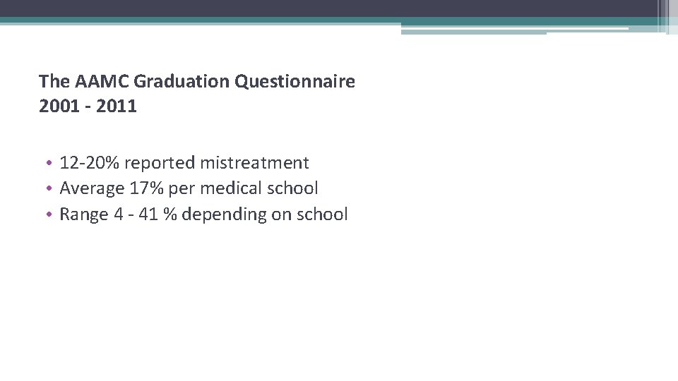 The AAMC Graduation Questionnaire 2001 - 2011 • 12 -20% reported mistreatment • Average