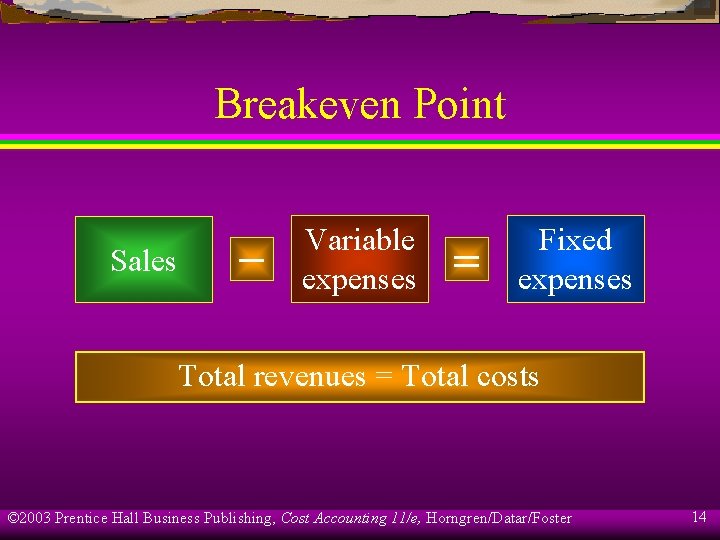 Breakeven Point Sales – Variable expenses = Fixed expenses Total revenues = Total costs