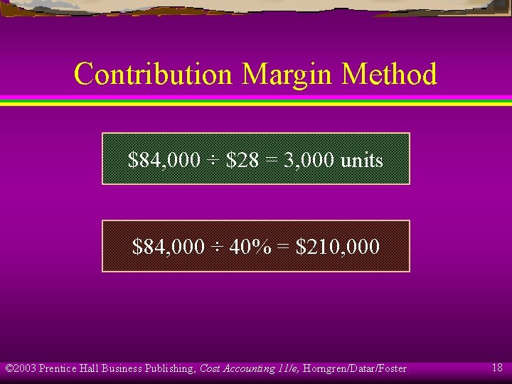 Contribution Margin Method $84, 000 ÷ $28 = 3, 000 units $84, 000 ÷