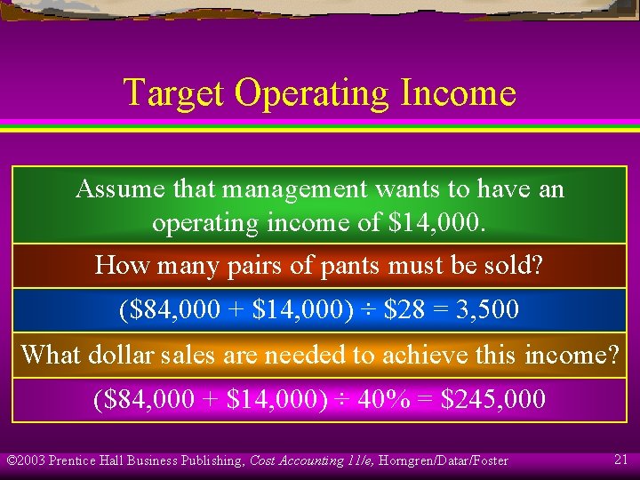 Target Operating Income Assume that management wants to have an operating income of $14,