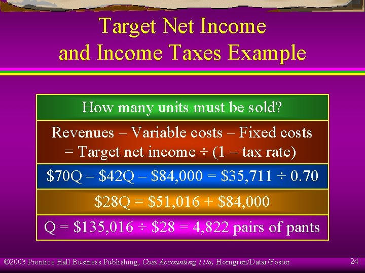 Target Net Income and Income Taxes Example How many units must be sold? Revenues