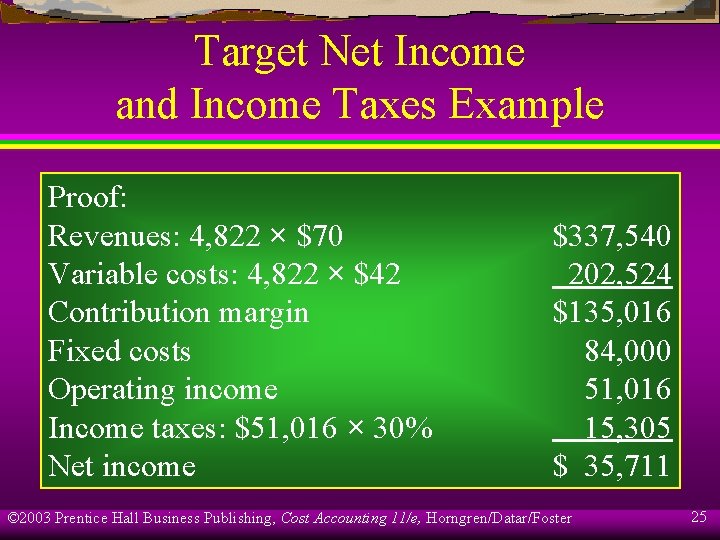 Target Net Income and Income Taxes Example Proof: Revenues: 4, 822 × $70 Variable