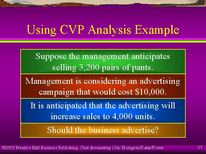 Using CVP Analysis Example Suppose the management anticipates selling 3, 200 pairs of pants.