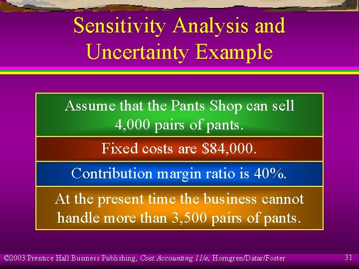 Sensitivity Analysis and Uncertainty Example Assume that the Pants Shop can sell 4, 000
