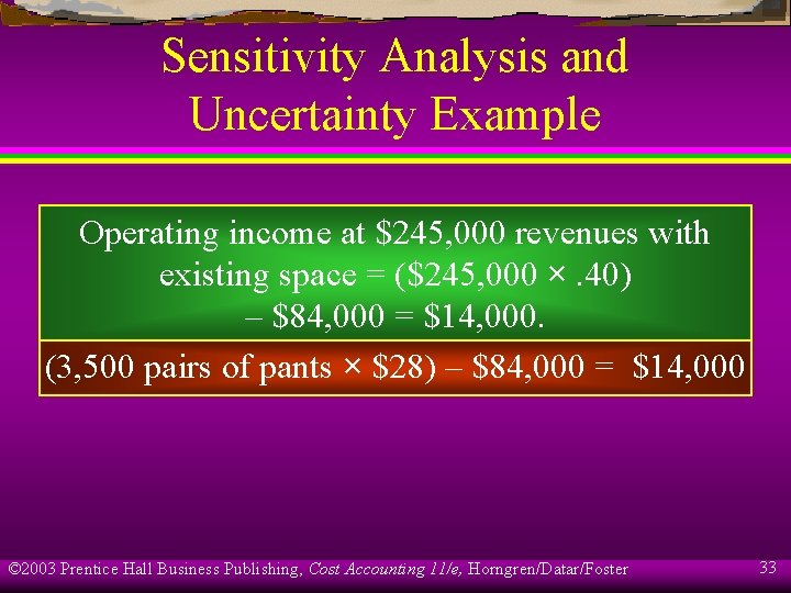 Sensitivity Analysis and Uncertainty Example Operating income at $245, 000 revenues with existing space