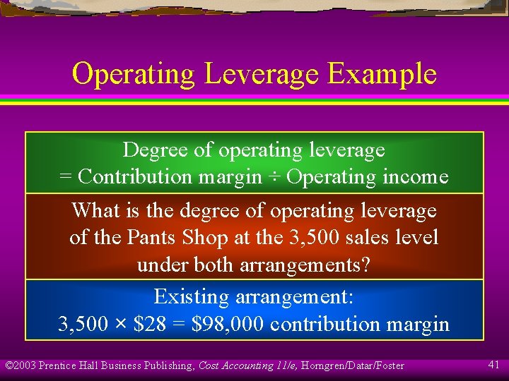 Operating Leverage Example Degree of operating leverage = Contribution margin ÷ Operating income What