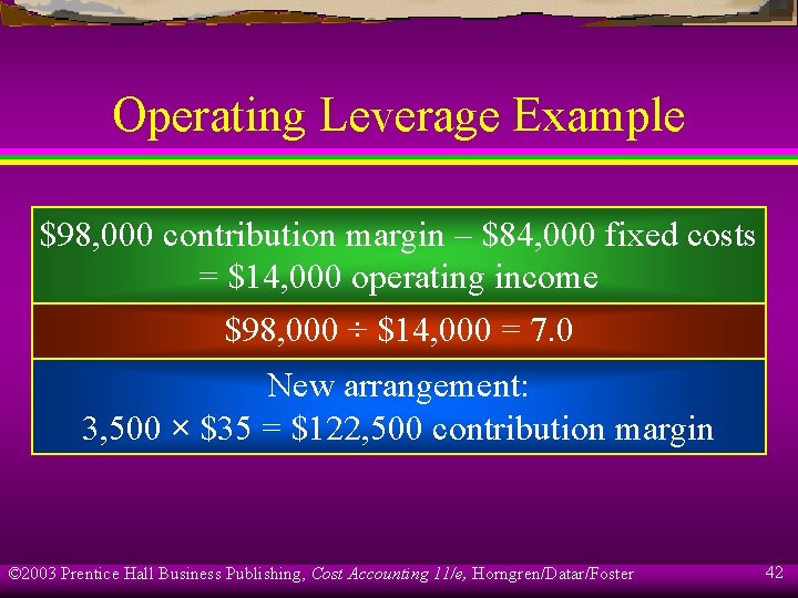 Operating Leverage Example $98, 000 contribution margin – $84, 000 fixed costs = $14,