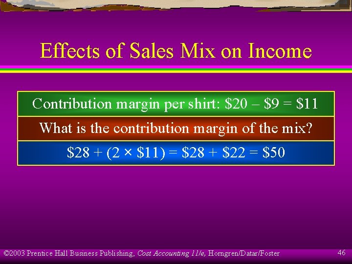 Effects of Sales Mix on Income Contribution margin per shirt: $20 – $9 =