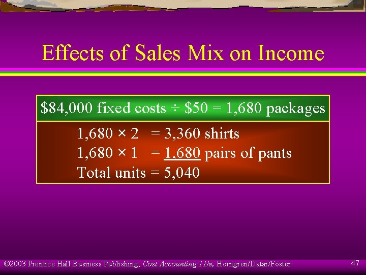 Effects of Sales Mix on Income $84, 000 fixed costs ÷ $50 = 1,