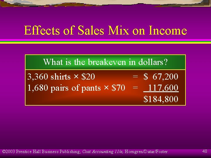 Effects of Sales Mix on Income What is the breakeven in dollars? 3, 360