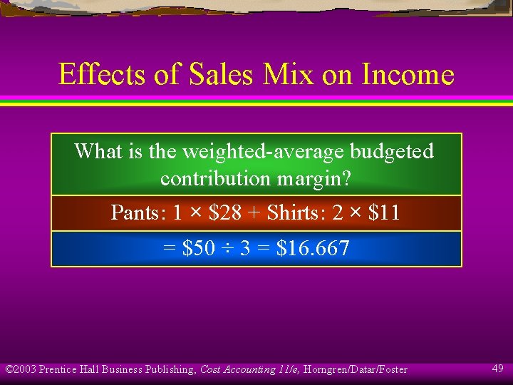 Effects of Sales Mix on Income What is the weighted-average budgeted contribution margin? Pants: