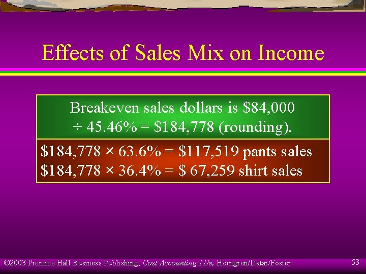 Effects of Sales Mix on Income Breakeven sales dollars is $84, 000 ÷ 45.