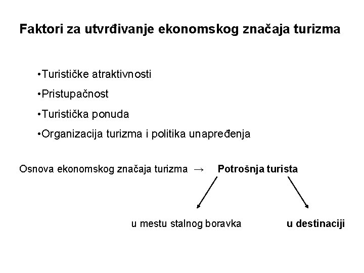 Faktori za utvrđivanje ekonomskog značaja turizma • Turističke atraktivnosti • Pristupačnost • Turistička ponuda