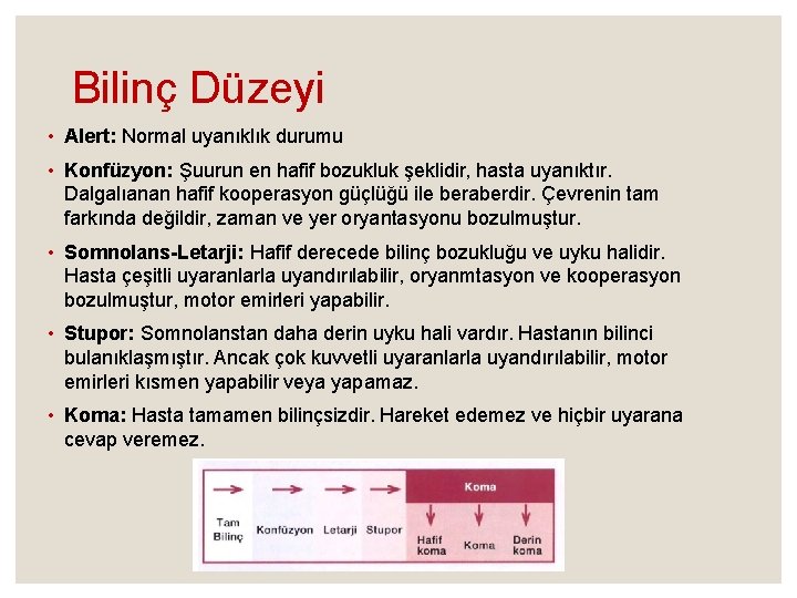 Bilinç Düzeyi • Alert: Normal uyanıklık durumu • Konfüzyon: Şuurun en hafif bozukluk şeklidir,