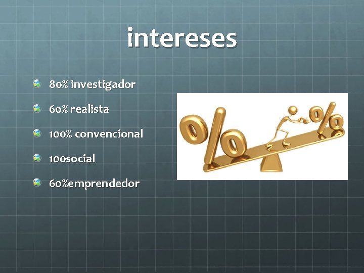 intereses 80% investigador 60% realista 100% convencional 100 social 60%emprendedor 