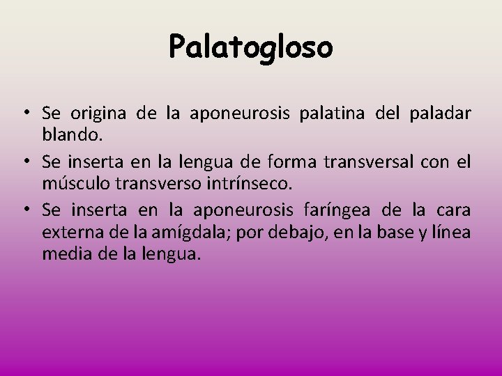 Palatogloso • Se origina de la aponeurosis palatina del paladar blando. • Se inserta