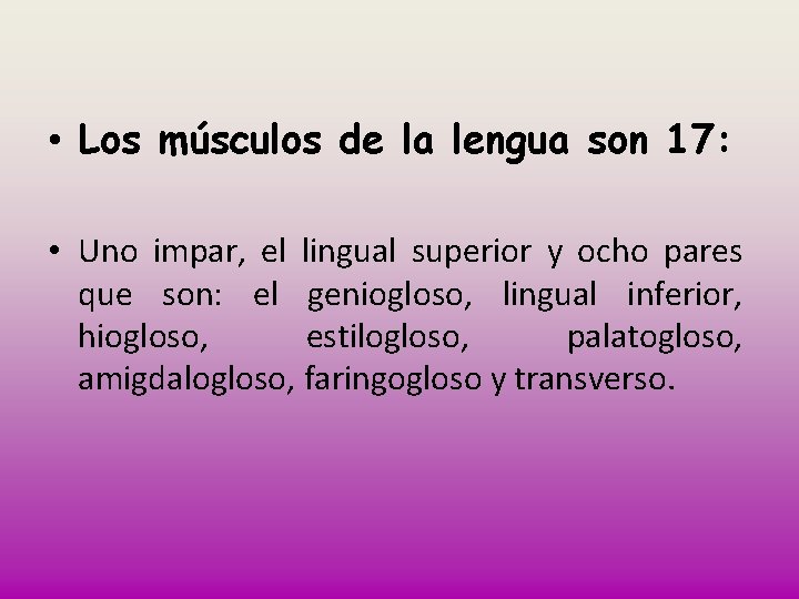  • Los músculos de la lengua son 17: • Uno impar, el lingual