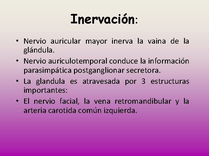 Inervación: • Nervio auricular mayor inerva la vaina de la glándula. • Nervio auriculotemporal