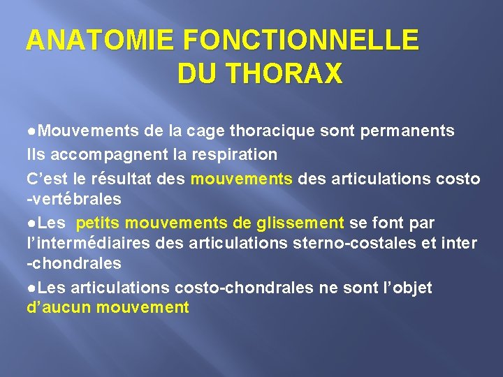 ANATOMIE FONCTIONNELLE DU THORAX ●Mouvements de la cage thoracique sont permanents Ils accompagnent la