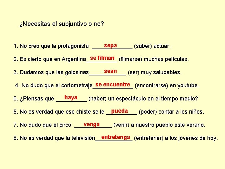 ¿Necesitas el subjuntivo o no? sepa 1. No creo que la protagonista _______ (saber)